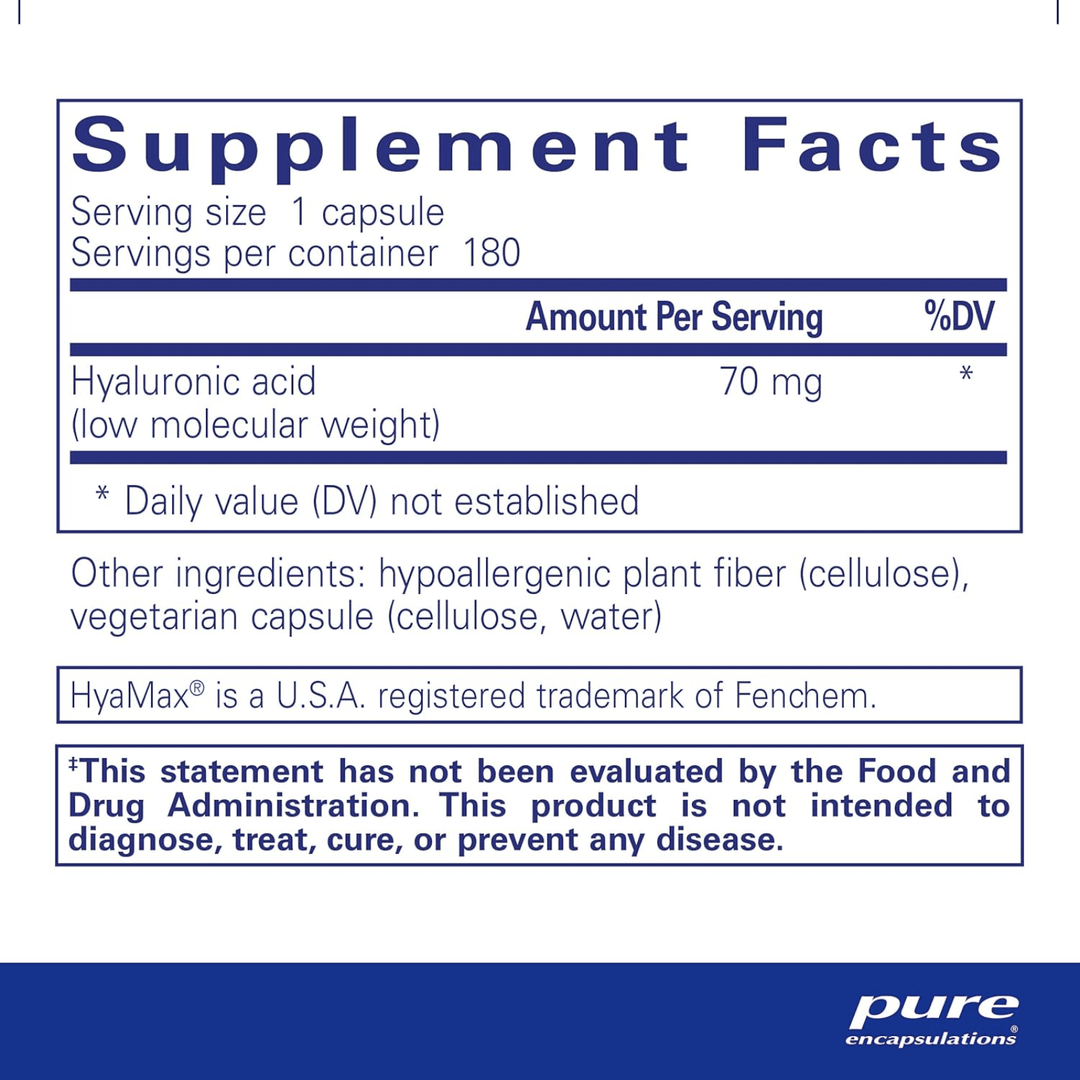 Pure Encapsulations Hyaluronic Acid supplement bottle with 180 capsules, supporting skin hydration and joint health.