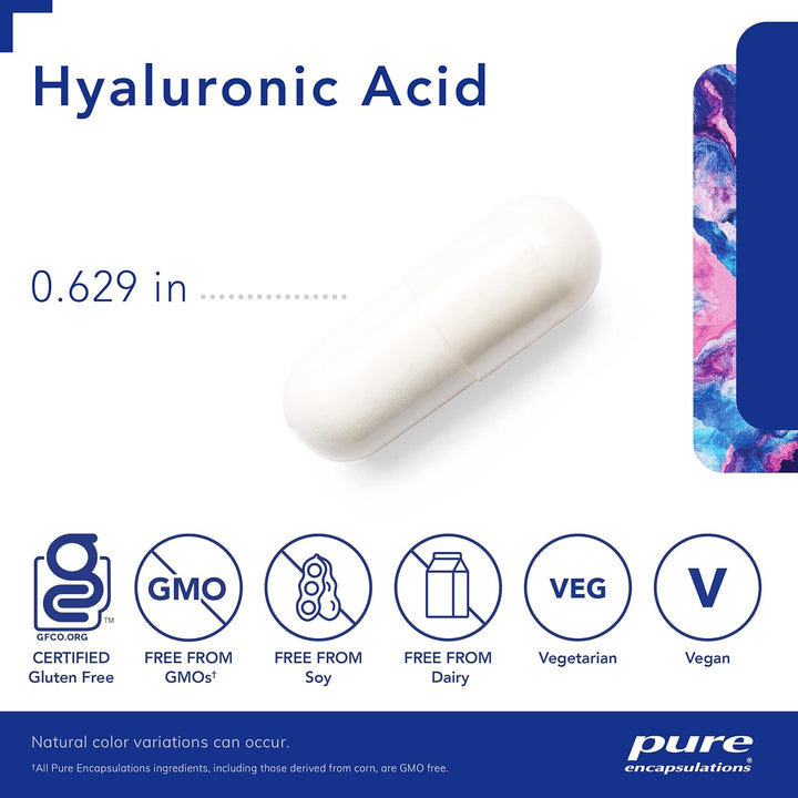 Pure Encapsulations Hyaluronic Acid supplement box with 180 capsules, supporting skin hydration and joint health.