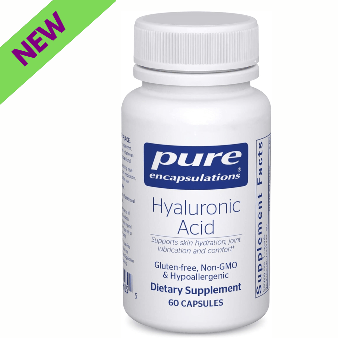 Pure Encapsulations Hyaluronic Acid supplement bottle with 60 capsules, supporting skin hydration and joint health.