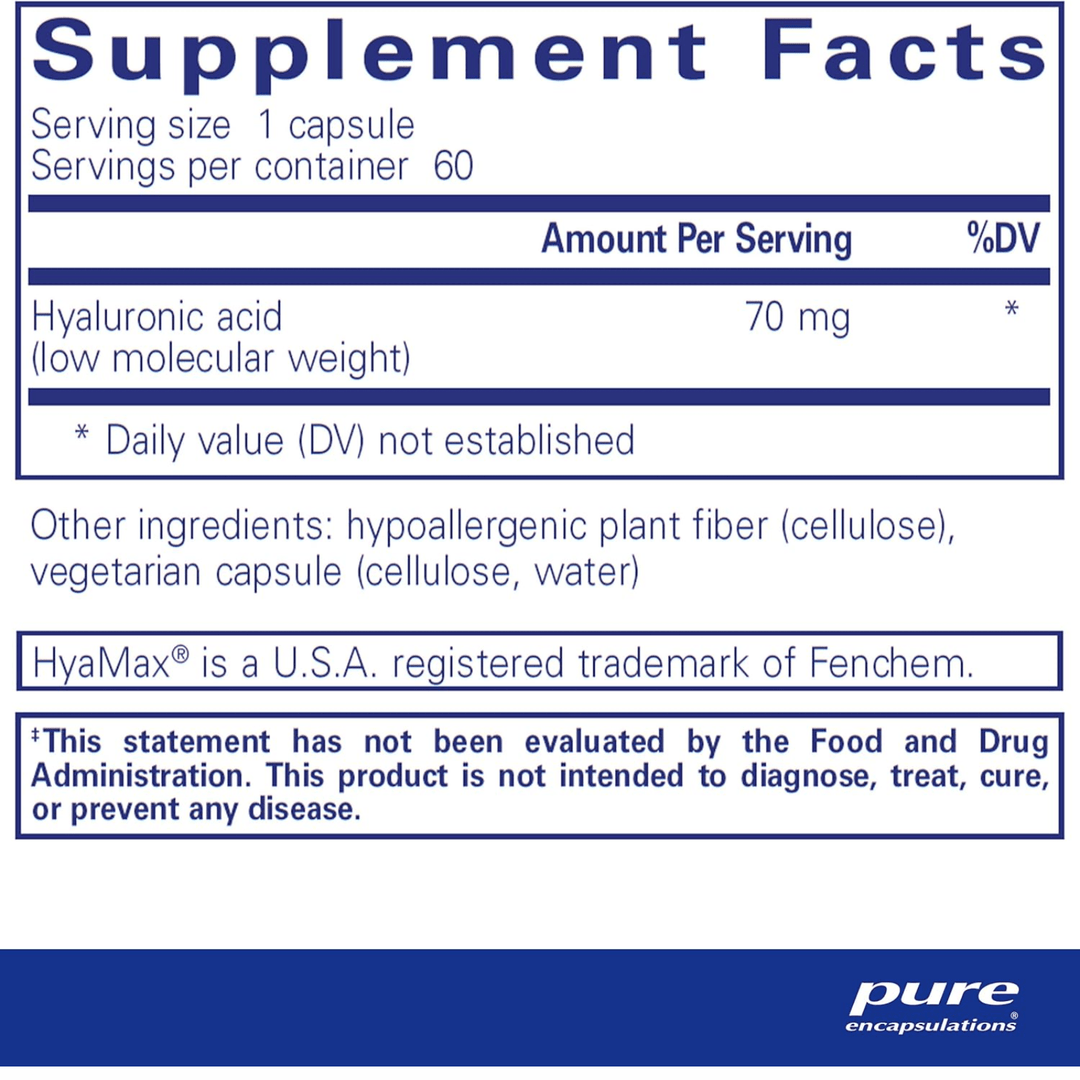 Pure Encapsulations Hyaluronic Acid supplement bottle with 60 capsule caps, supporting skin and joint health.