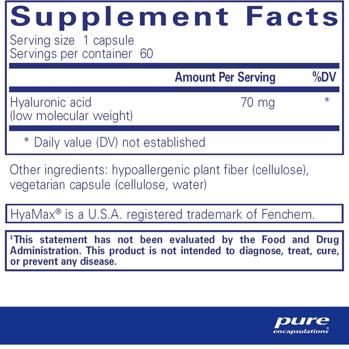 Pure Encapsulations Hyaluronic Acid supplement bottle with 60 capsule caps, supporting skin and joint health.