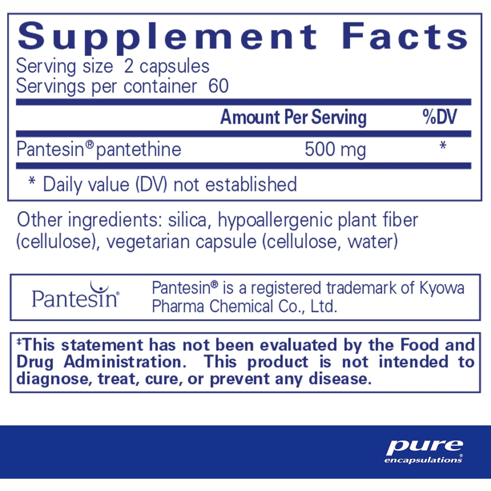 Pure Encapsulations Pantethine 250mg supplement bottle with 120 capsules, supporting lipid metabolism and overall health.
