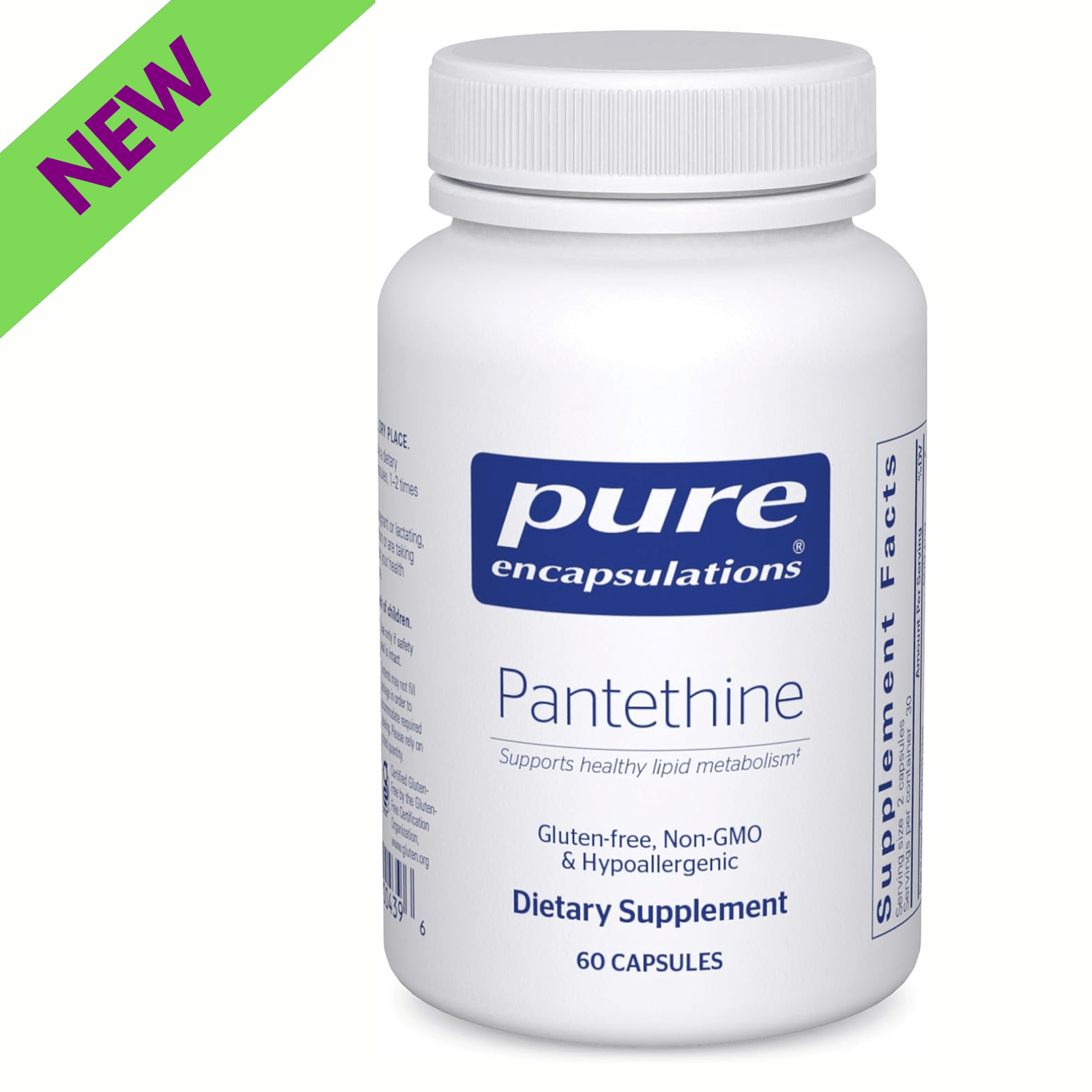 Pure Encapsulations Pantethine 250mg supplement bottle with 60 capsules for supporting lipid metabolism.