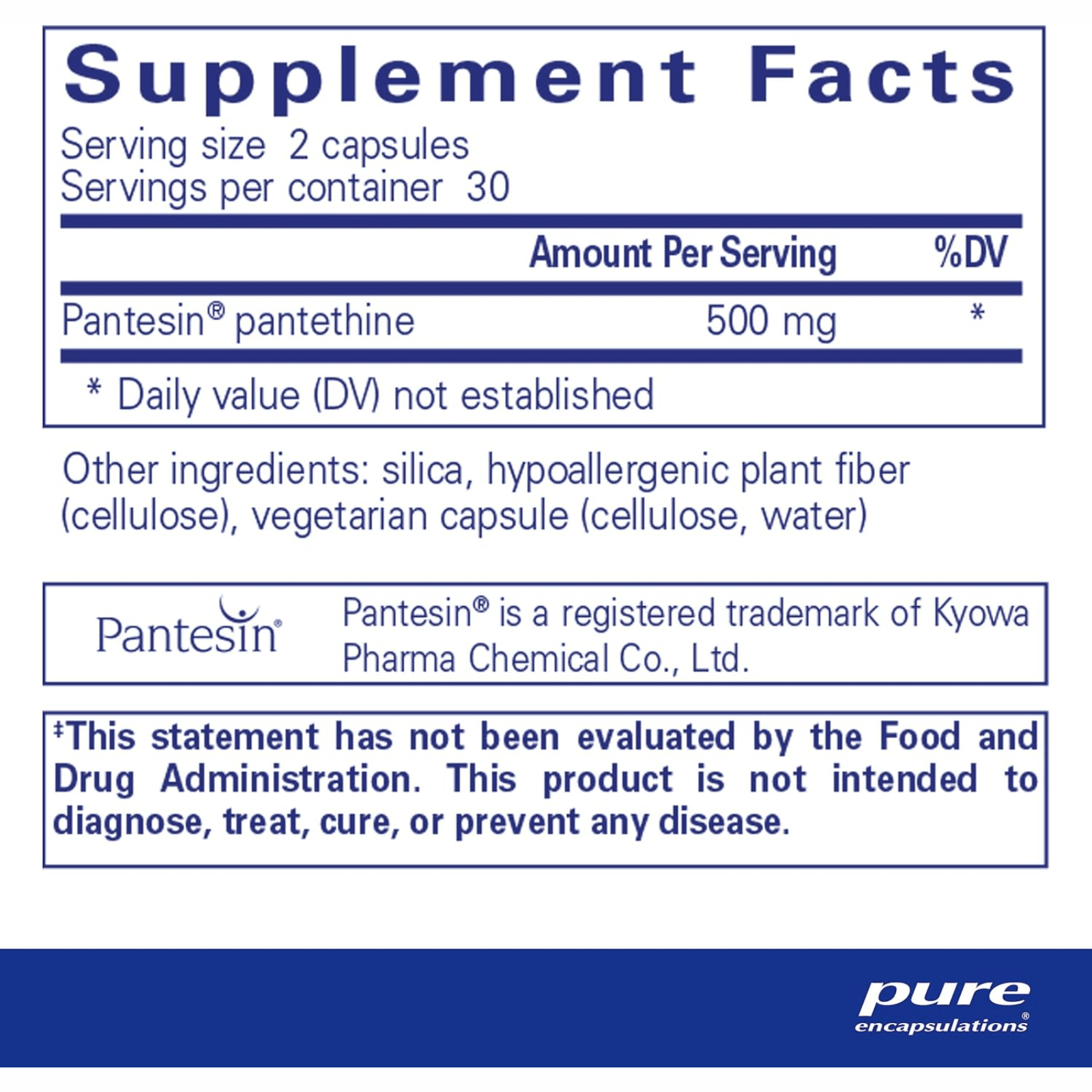 Pure Encapsulations Pantethine 250mg supplement bottle with 60 capsules, supporting lipid metabolism and overall nutritional health.