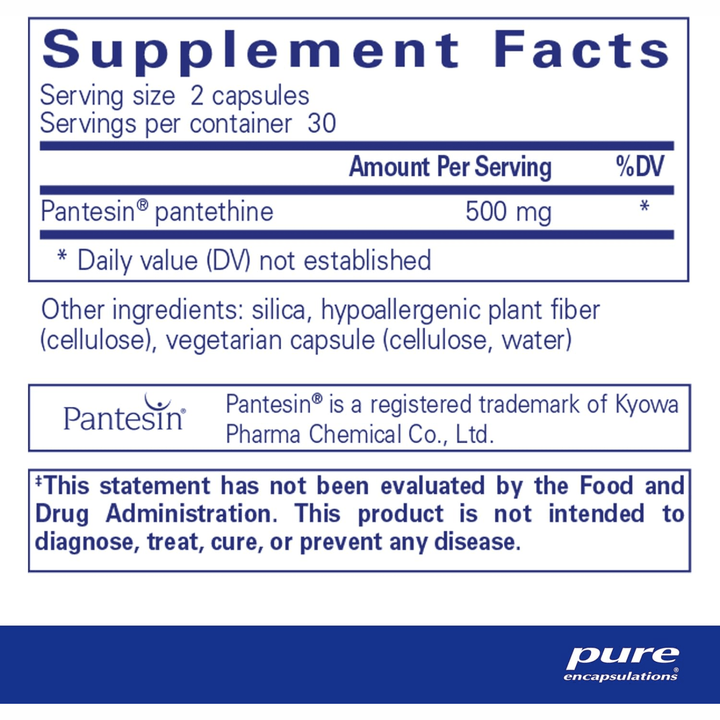 Pure Encapsulations Pantethine 250mg supplement bottle with 60 capsules, supports lipid metabolism and overall nutrient health.