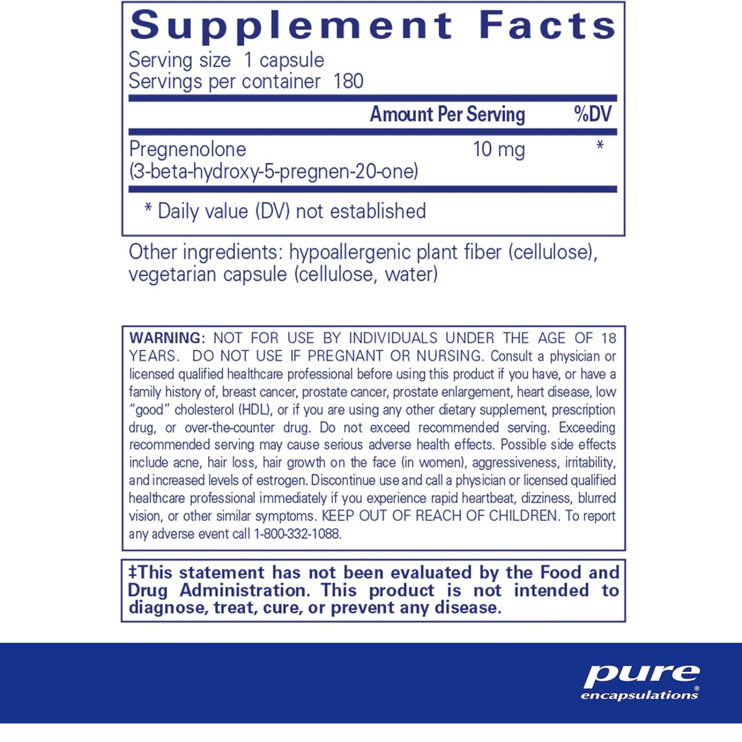 Pure Encapsulations Pregnenolone 10 mg supplement bottle with 180 capsules for supporting memory and hormonal balance.