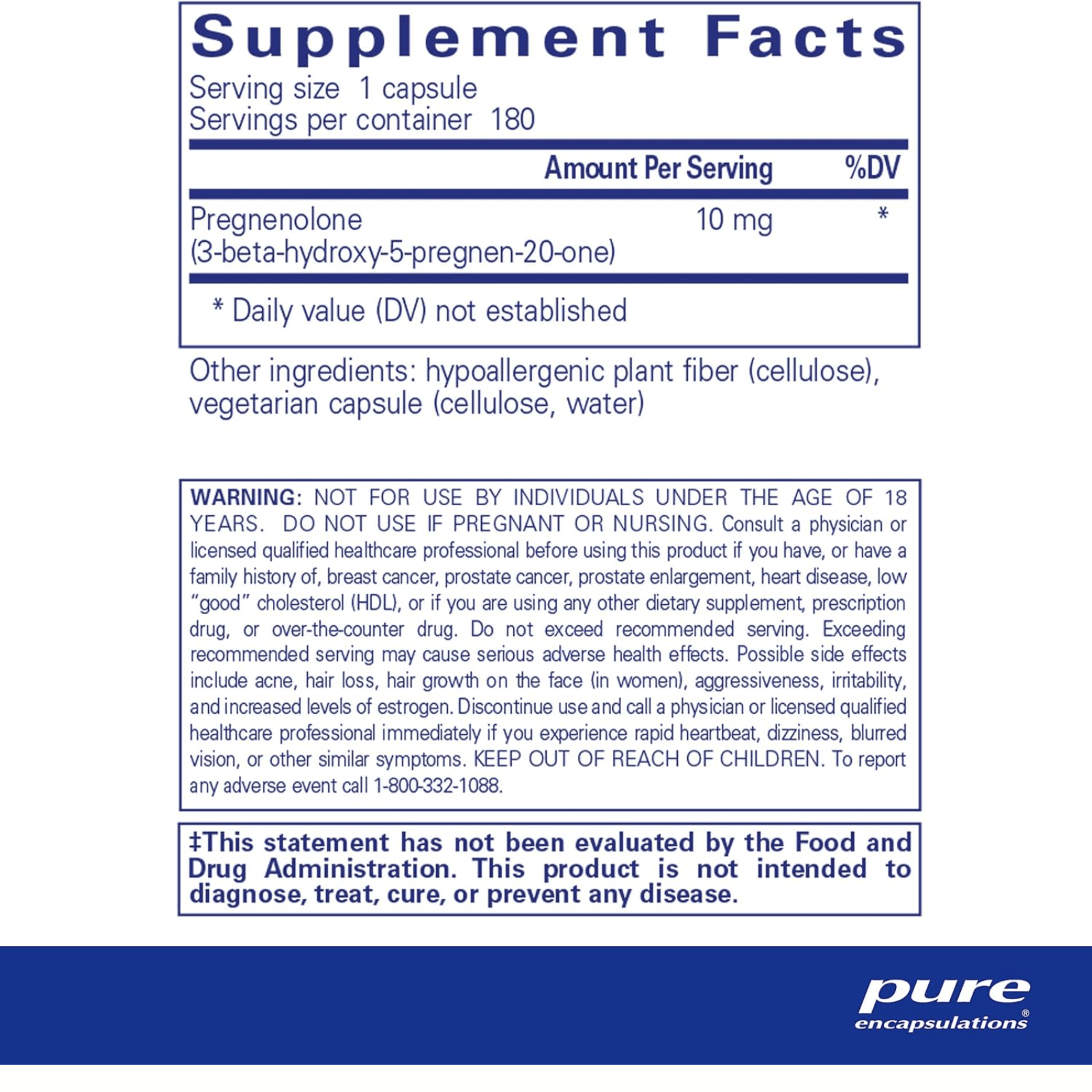 Pure Encapsulations Pregnenolone 10 mg supplement bottle with 180 capsules for supporting memory and hormonal balance.