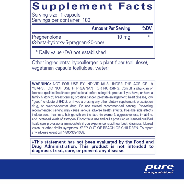Pure Encapsulations Pregnenolone 10 mg supplement bottle with 180 capsules for supporting memory and hormonal balance.