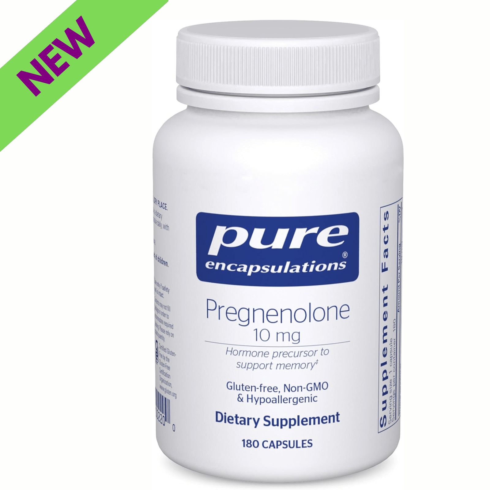 Pure Encapsulations Pregnenolone 10 mg supplement capsules for memory support, arranged in a bottle with label visible.