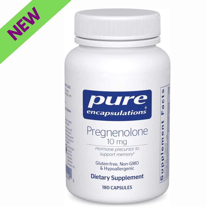 Pure Encapsulations Pregnenolone 10 mg supplement capsules for memory support, arranged in a bottle with label visible.