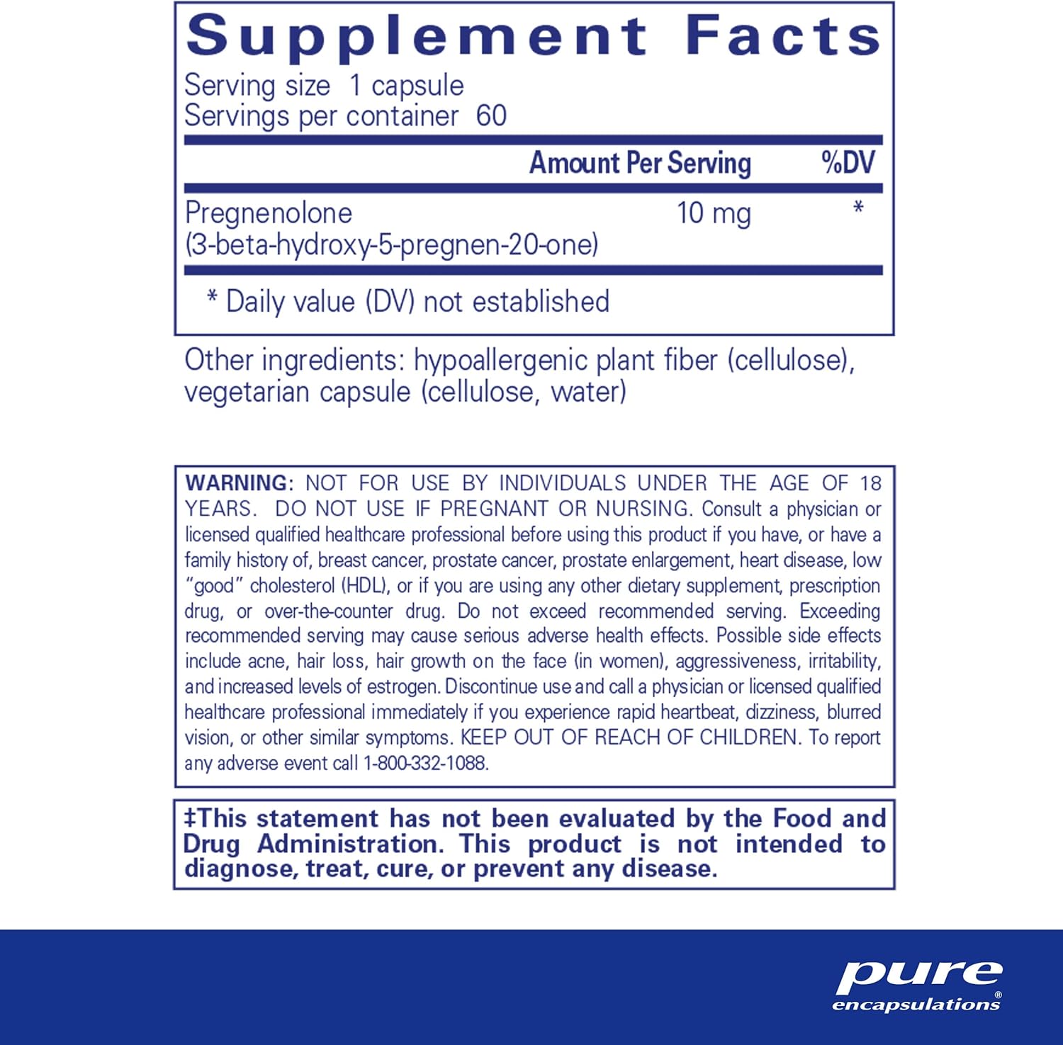 Pure Encapsulations Pregnenolone supplement in 60 capsules, designed to support memory and hormonal balance.