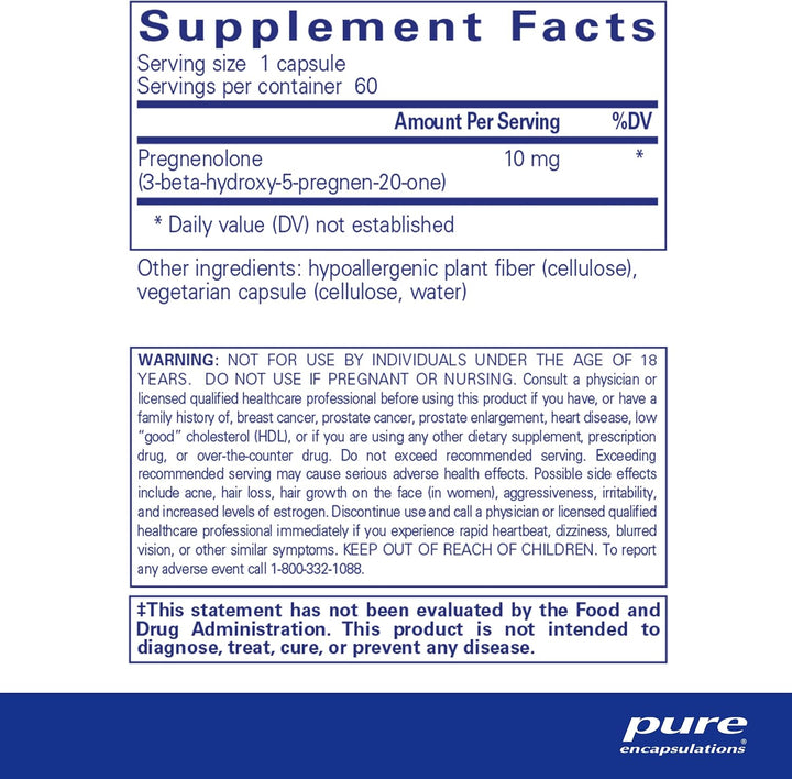 Pure Encapsulations Pregnenolone supplement in 60 capsules, designed to support memory and hormonal balance.