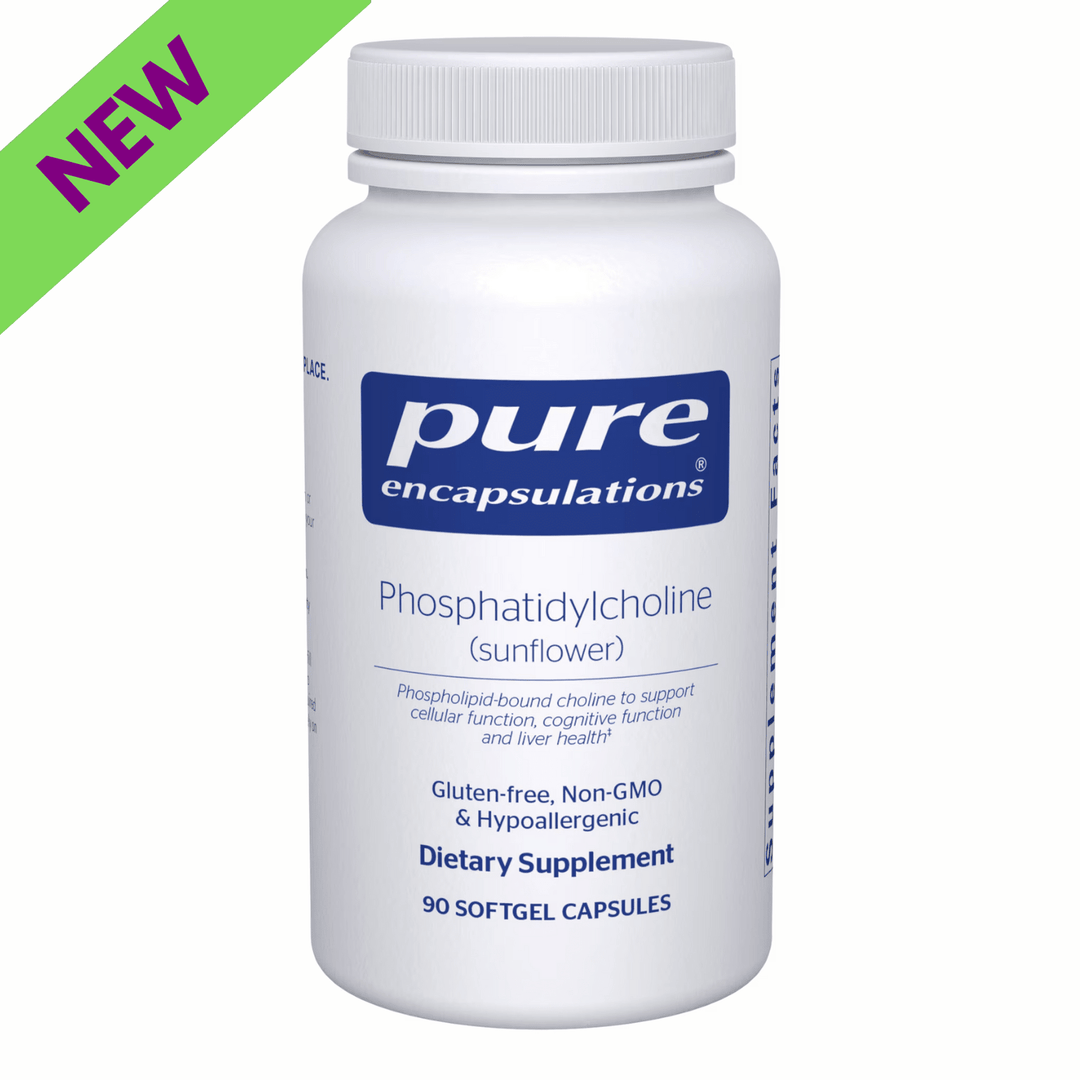 Pure Encapsulations Phosphatidylcholine supplement in a bottle of 90 capsules, supporting liver function and sunflower-based nutrition.