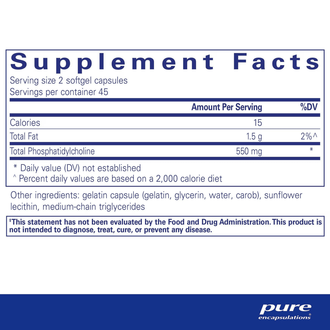 Pure Encapsulations Phosphatidylcholine sunflower supplement bottle with 90 capsules for liver support and overall health.