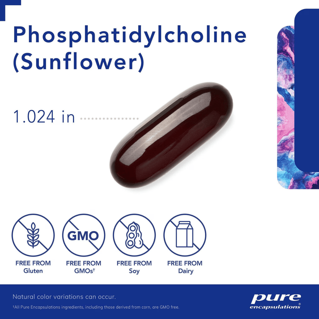 Pure Encapsulations Phosphatidylcholine supplement bottle with 90 capsules for liver support, featuring sunflower phosphatidylcholine.