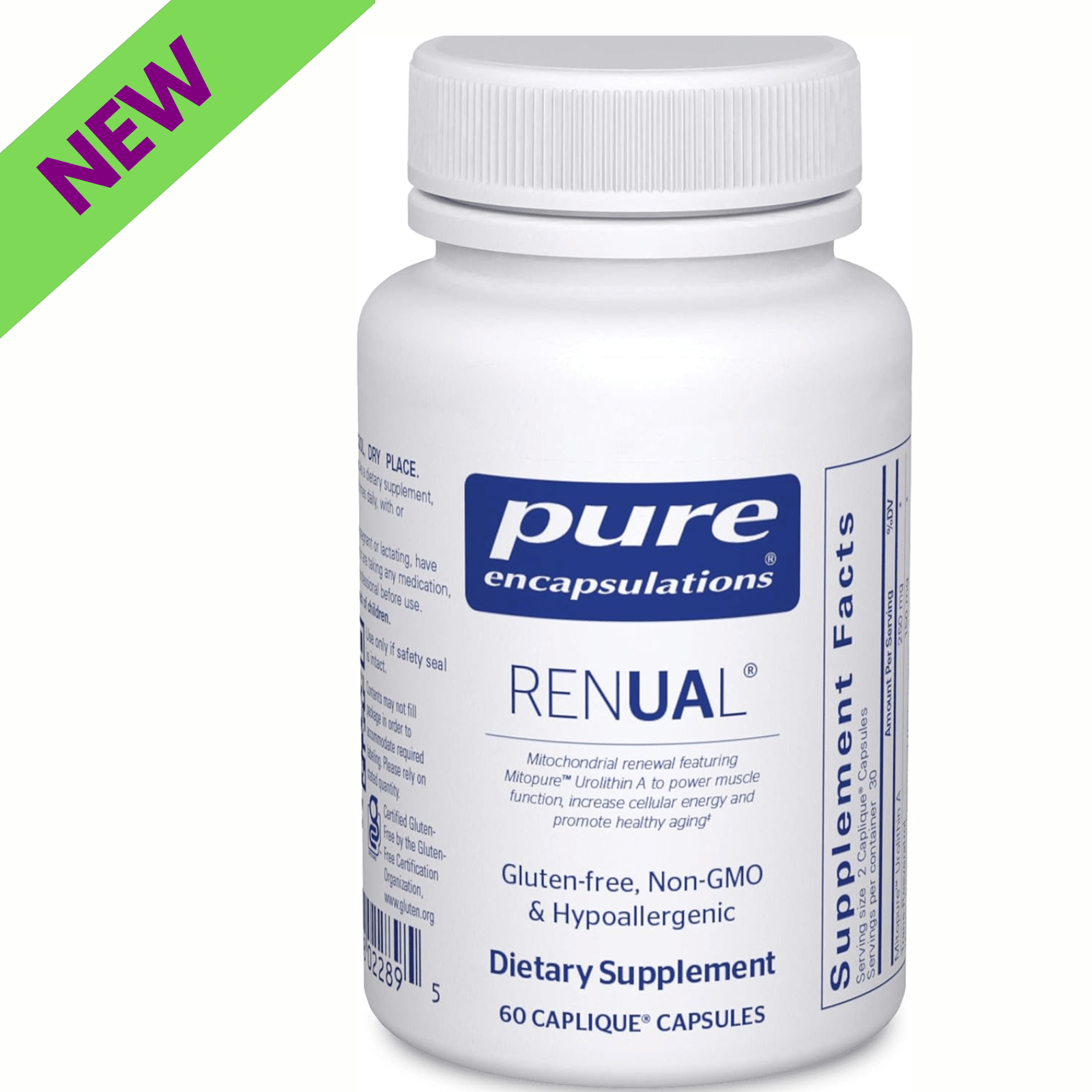 Pure Encapsulations Renual Urolithin A supplement bottle with 60 capsules, supporting muscle energy and overall vitality.