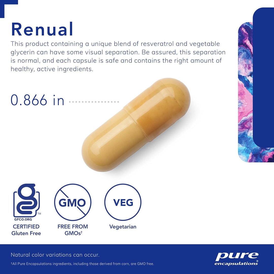 Pure Encapsulations Renual Urolithin A supplement bottle with 60 capsules, supporting muscle energy and overall wellness.