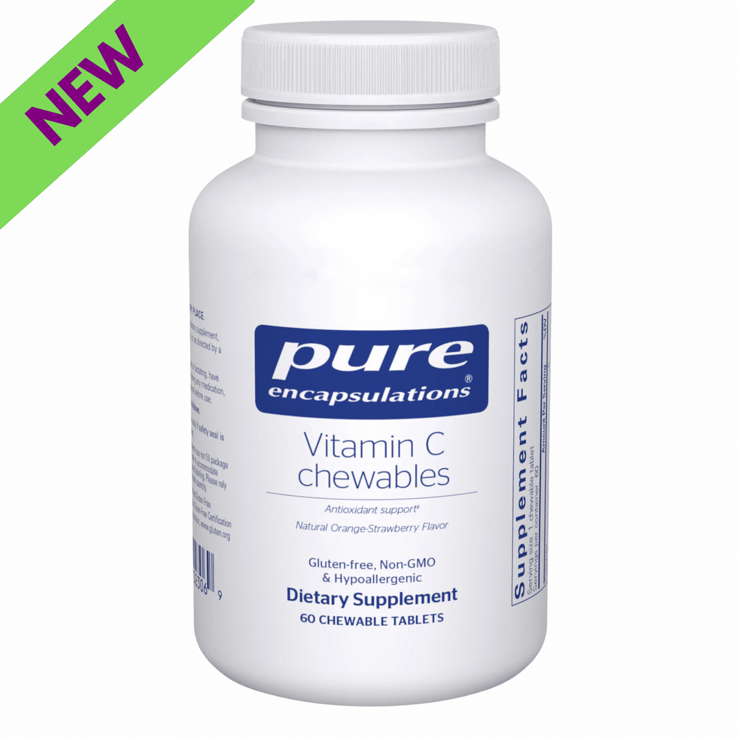 Pure Encapsulations Vitamin C Chewable supplement supporting immune health, with 60 tablets in a natural, orange-flavored chewable form.