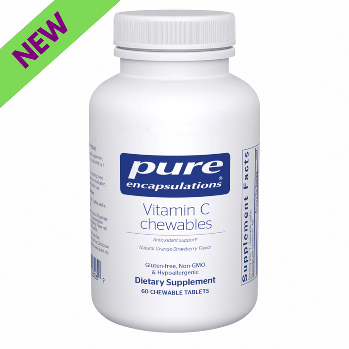 Pure Encapsulations Vitamin C Chewable supplement supporting immune health, with 60 tablets in a natural, orange-flavored chewable form.