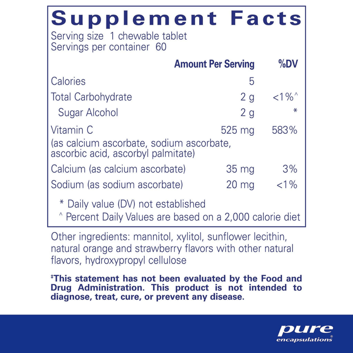 Pure Encapsulations Vitamin C Chewable supplement supporting immune health with 60 tablets on a white background.