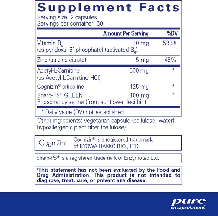 Pure Encapsulations CogniPhos vitamin D3 supplement bottle with 120 capsules for cognitive support and focus.