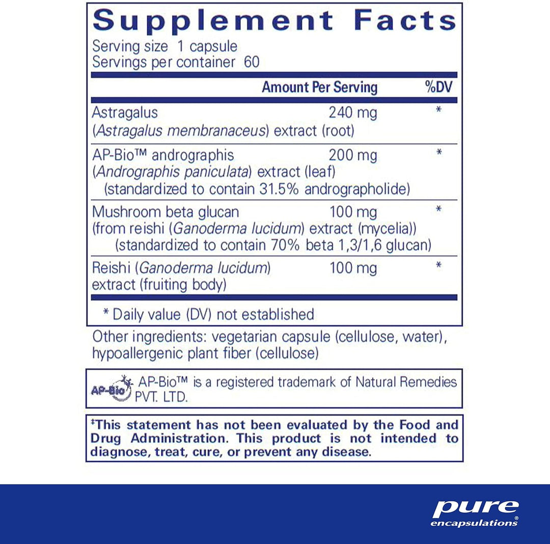 Pure Encapsulations Vitamin D3 supplement bottle for immune support and respiratory health, with 60 capsules in white bottle.