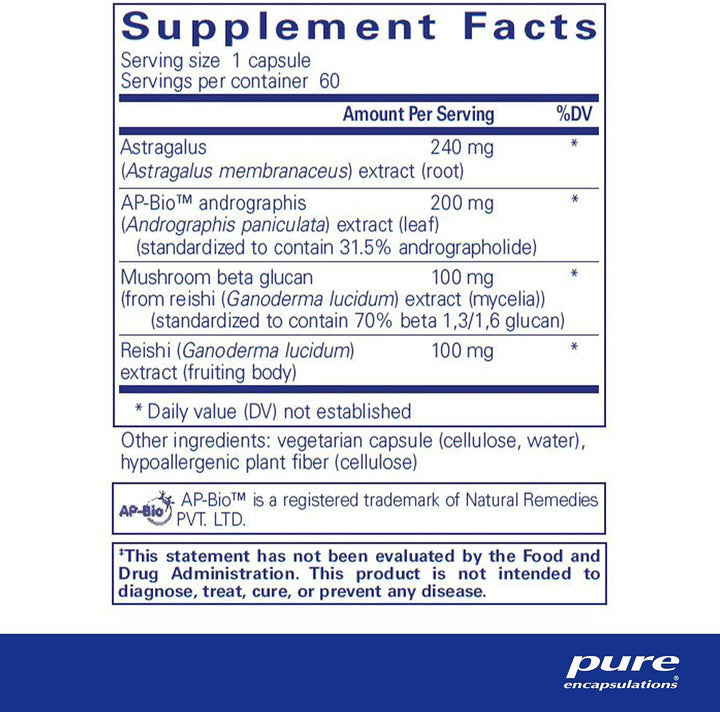 Pure Encapsulations Vitamin D3 supplement bottle for immune support and respiratory health, with 60 capsules in white bottle.