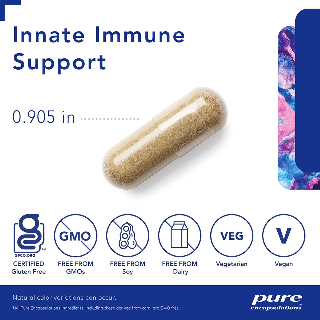 Pure Encapsulations Vitamin D3 supplement bottle labeled Innate Immune Support aids respiratory function, 60 capsules.