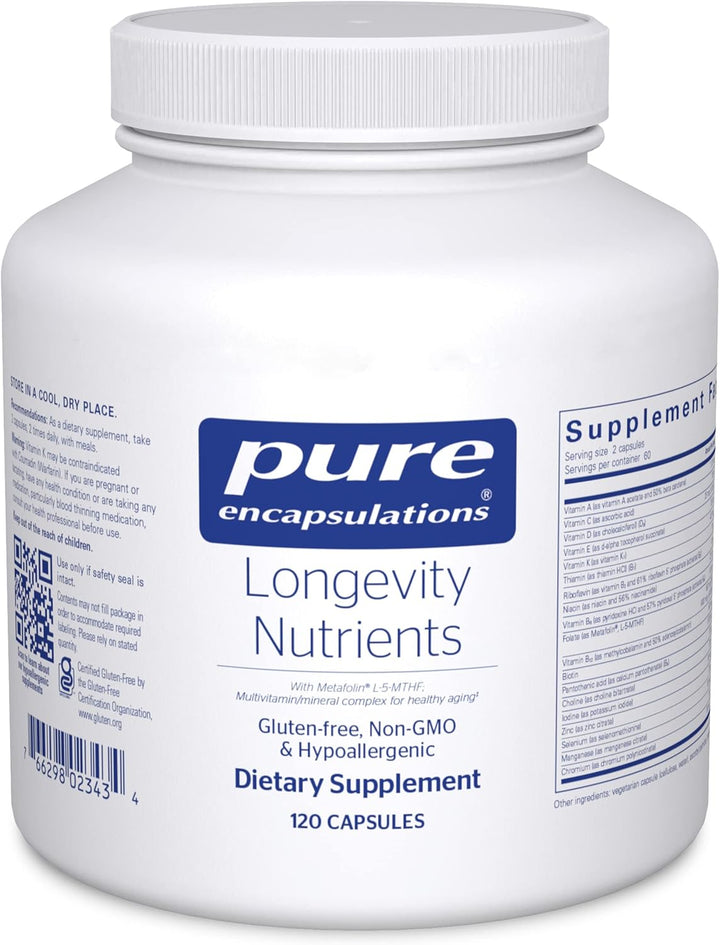Pure Encapsulations Vitamin D3 supplement bottle of 120 capsules, supporting brain and bone health with longevity nutrients.