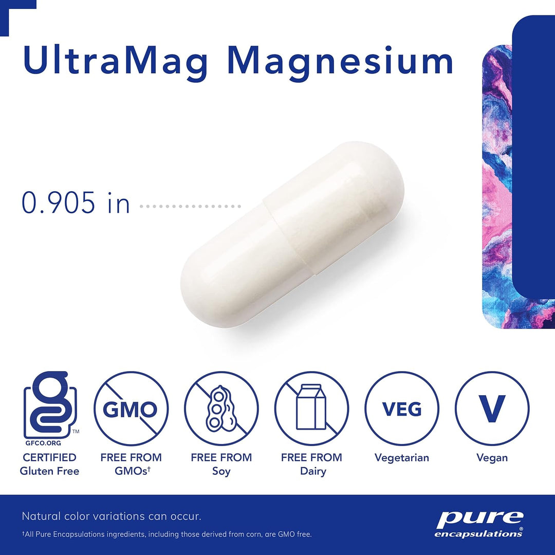 Pure Encapsulations UltraMag Magnesium supplement bottle with 120 capsules, supporting bone and muscle health.