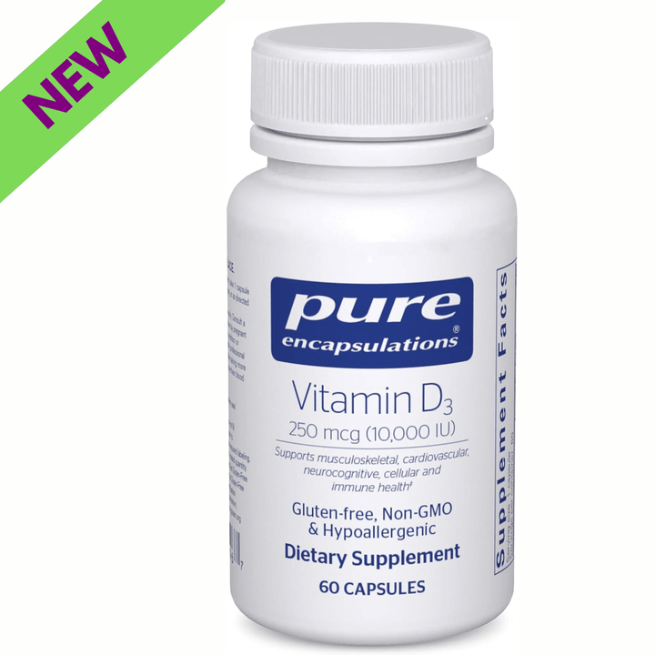 Pure Encapsulations Vitamin D3 10,000 IU bottle with 60 capsules, supporting bone and immune health.