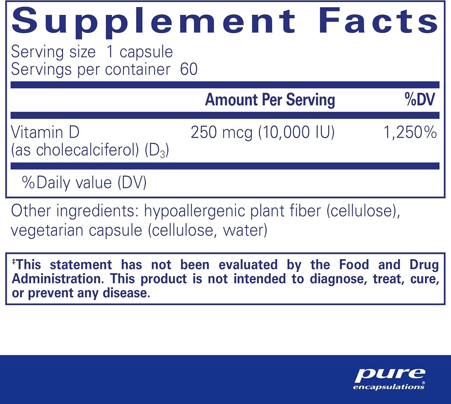 Pure Encapsulations Vitamin D3 10,000 IU supplement bottle with 60 capsules, supporting bone and immune health.