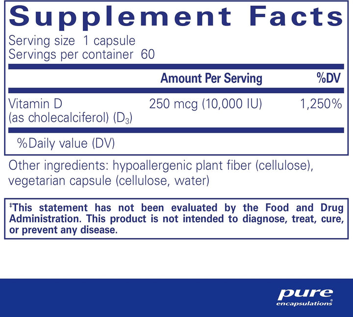 Pure Encapsulations Vitamin D3 10,000 IU supplement bottle with 60 capsules, supporting bone and immune health.