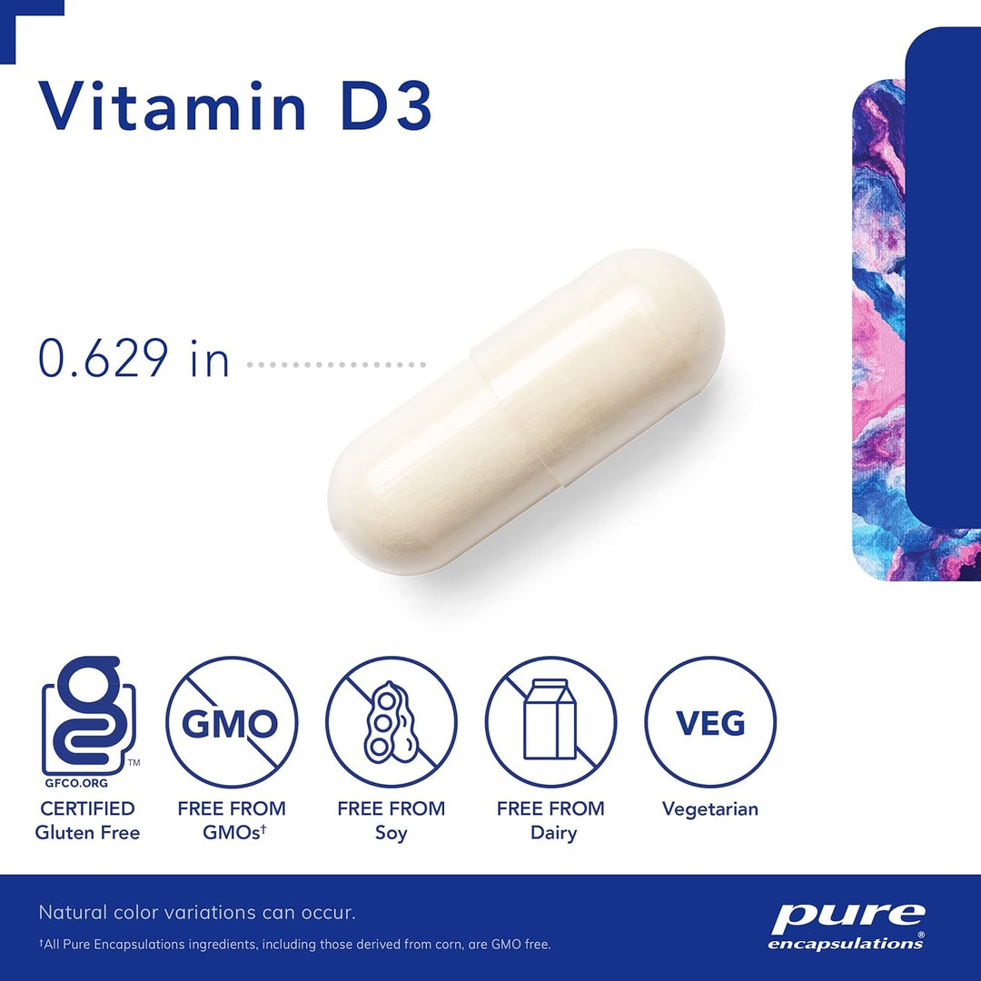 Pure Encapsulations Vitamin D3 10,000 IU supplement bottle with 60 capsules, supporting bone and immune health.