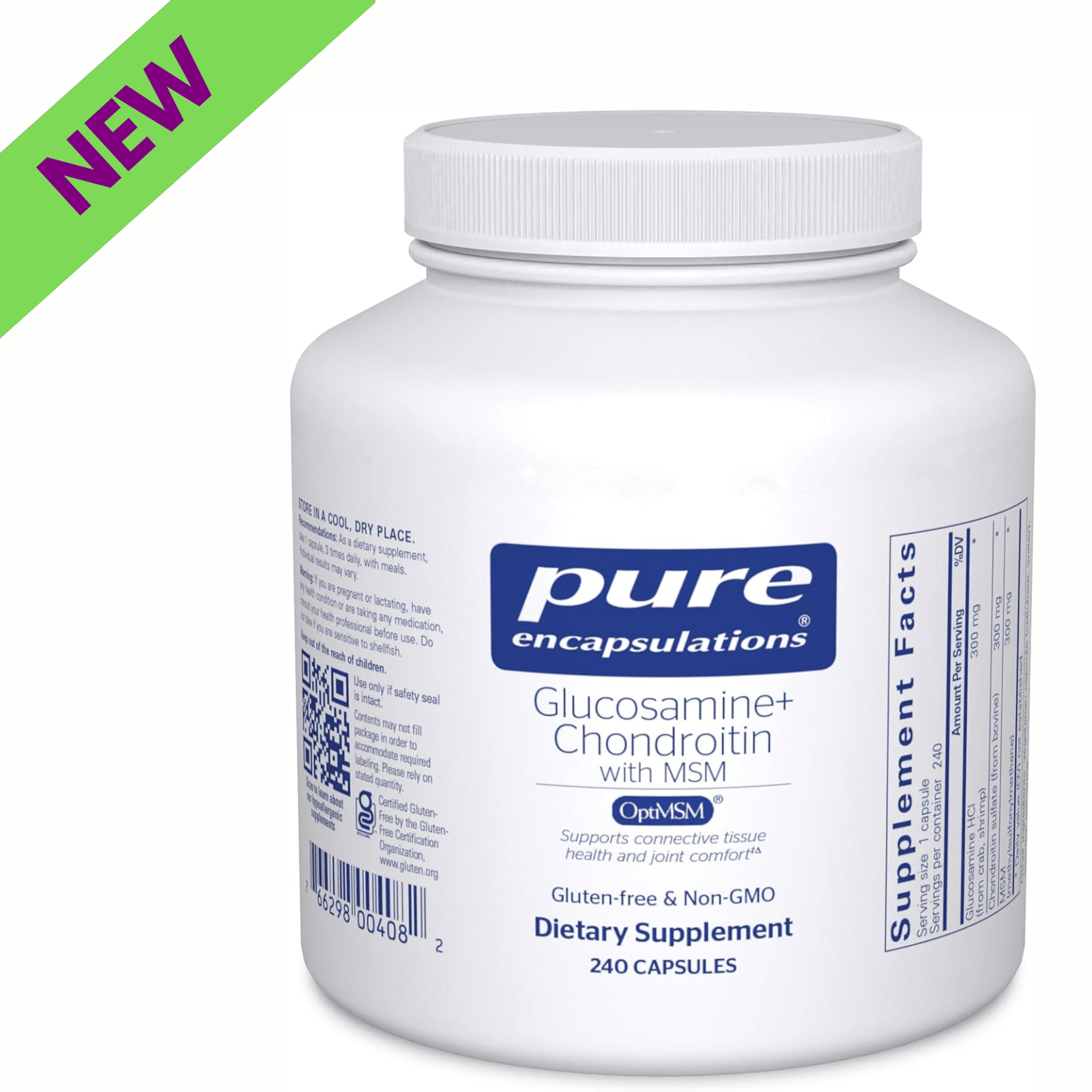 Pure Encapsulations Vitamin D3 supplement with glucosamine, chondroitin, and MSM for joint flexibility in 240 capsules.