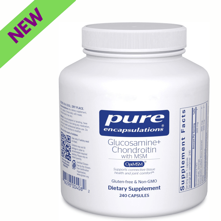 Pure Encapsulations Vitamin D3 supplement with glucosamine, chondroitin, and MSM for joint flexibility in 240 capsules.