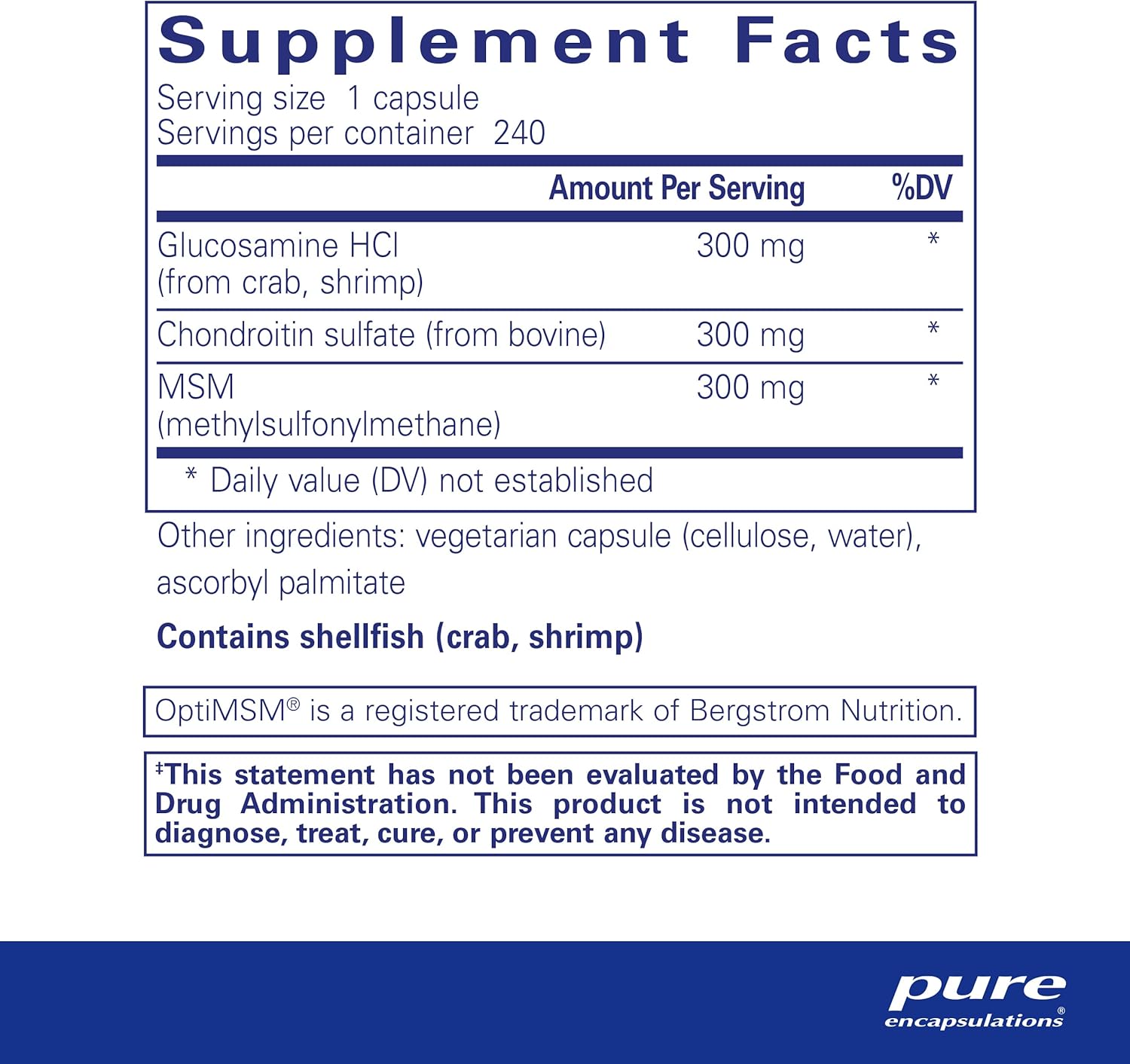 Pure Encapsulations Glucosamine Chondroitin MSM Joint Support supplement in a bottle of 240 capsules.
