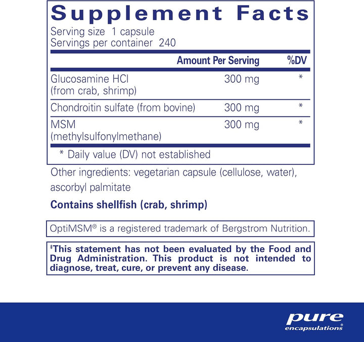 Pure Encapsulations Glucosamine Chondroitin MSM Joint Support supplement in a bottle of 240 capsules.
