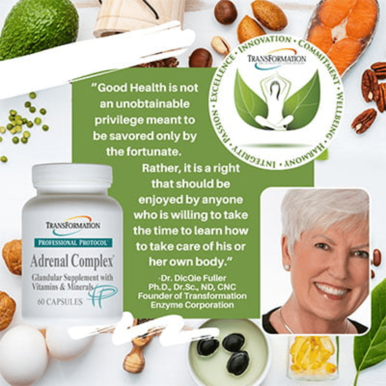 Transformation Enzymes herbal dietary supplement bottle with 60 capsules, featuring colorful label and supplement details.