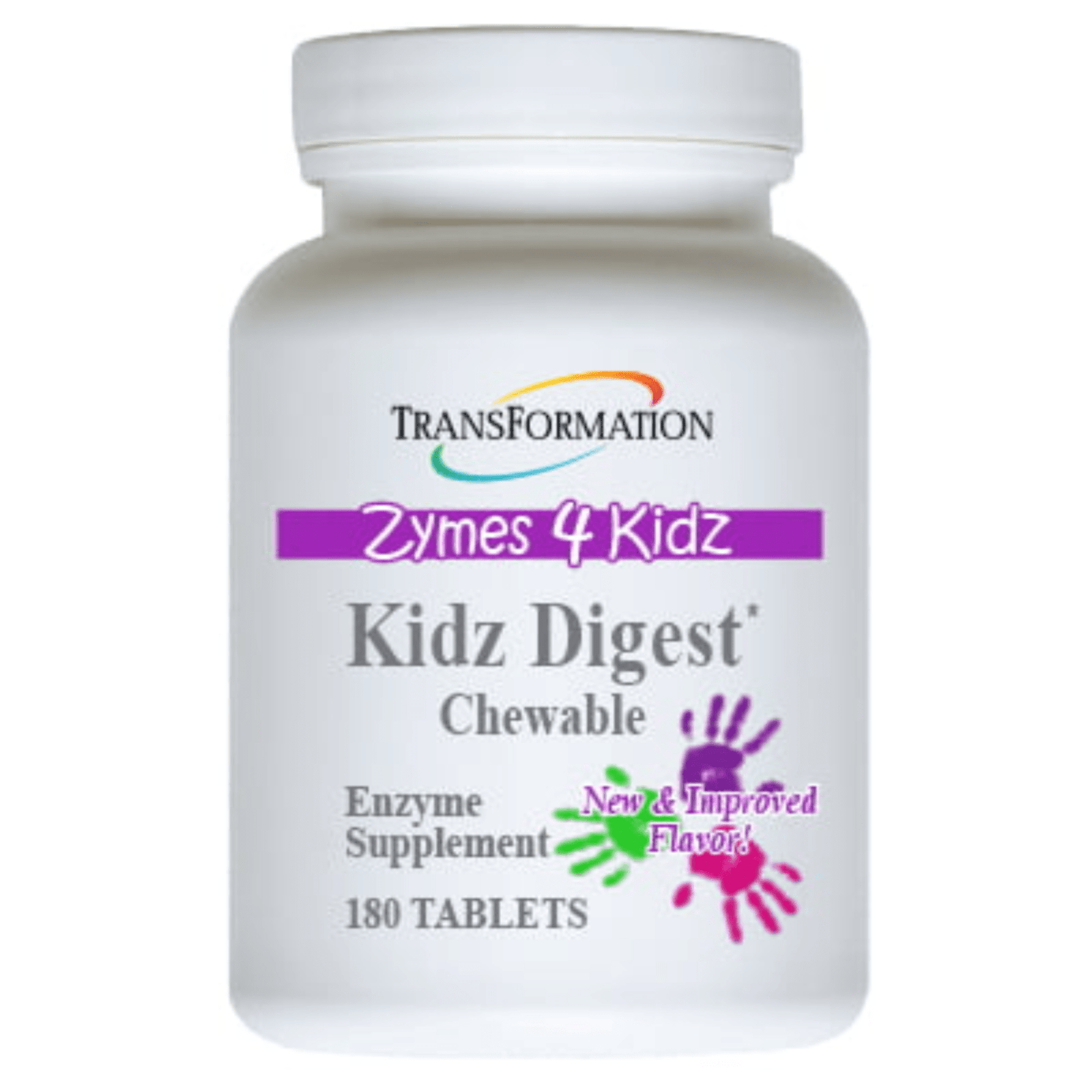 Transformation Enzymes Kidz Digest digestive health support with GastroZyme, PureZyme, and Plantadophilus in supplement bottles.