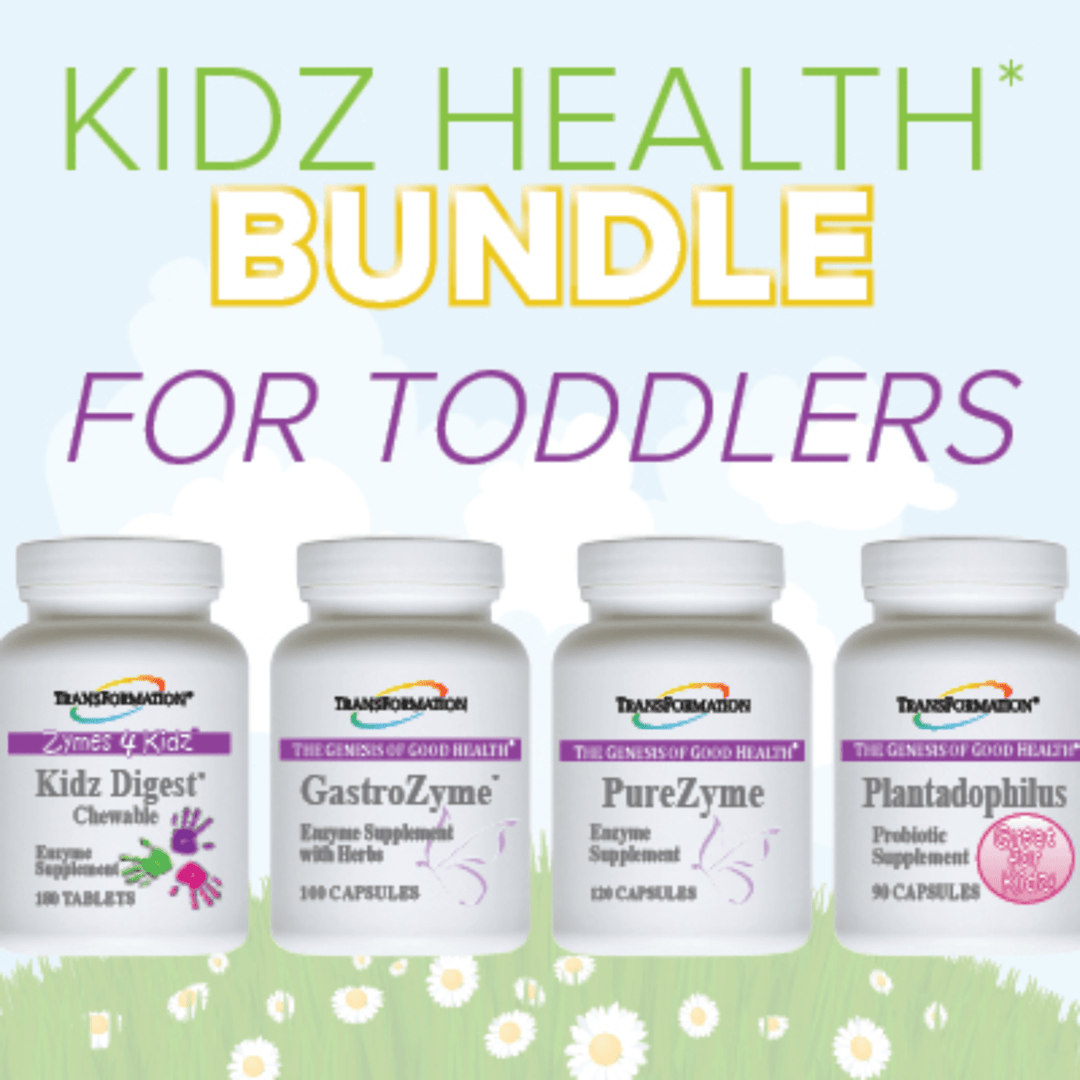 Transformation Enzymes Kidz Digest digestive health support supplement with GastroZyme, PureZyme, and Plantadophilus enzymes in bottles.