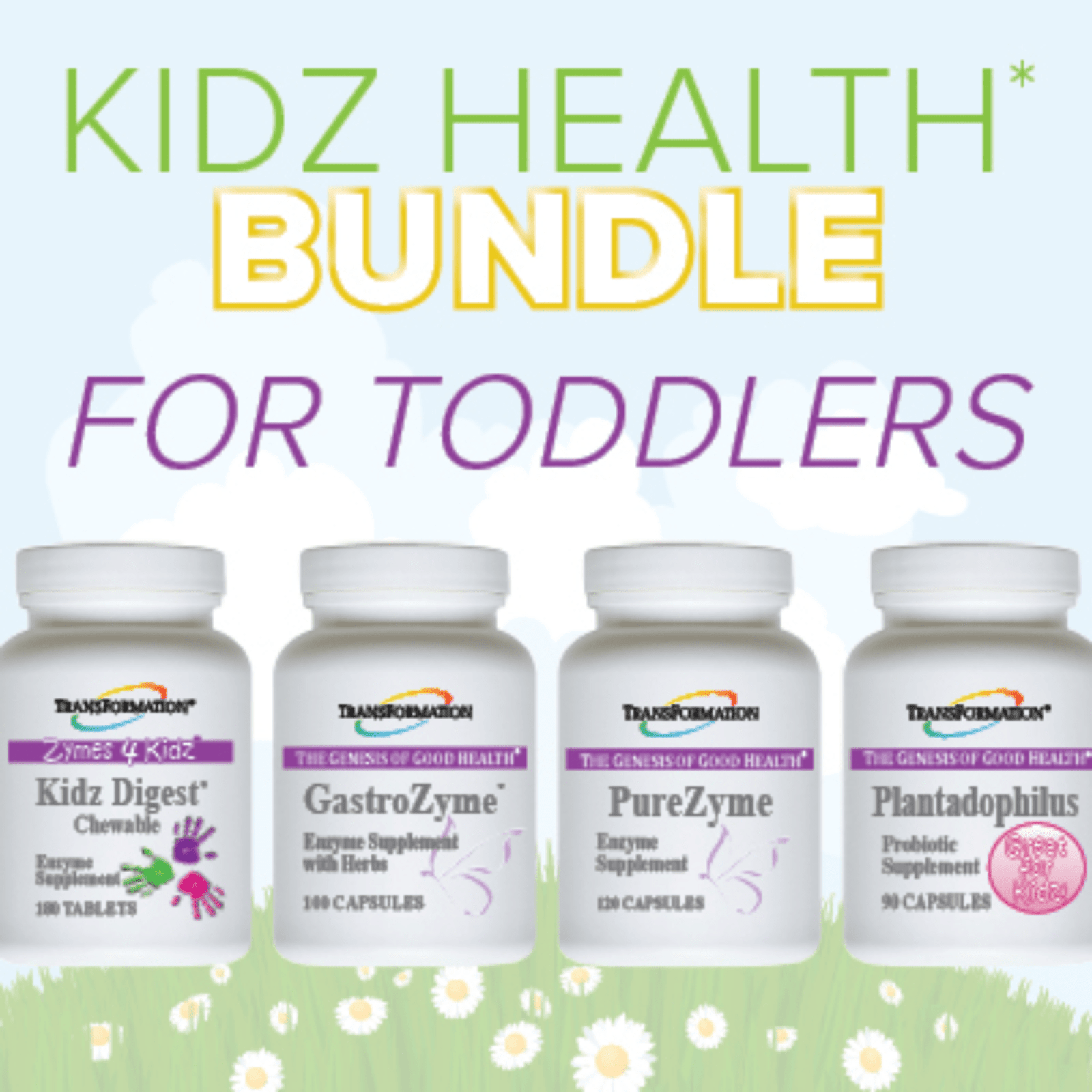 Transformation Enzymes Kidz Digest digestive health support supplement with GastroZyme, PureZyme, and Plantadophilus enzymes in bottles.