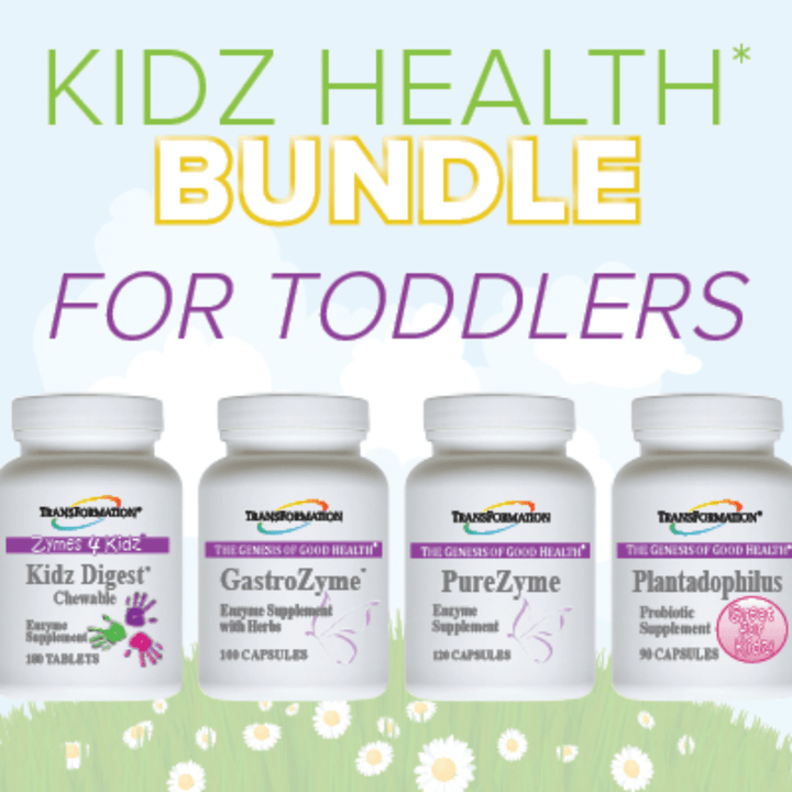 Transformation Enzymes Kidz Digest digestive health support supplement with GastroZyme, PureZyme, and Plantadophilus enzymes in bottles.