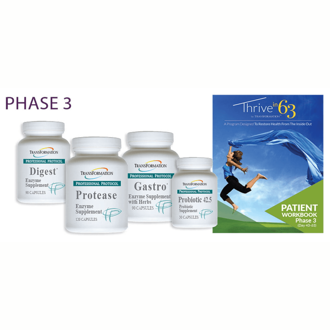 Transformation Enzymes Thrive 63 Phase 3 Kit for digestive health support, featuring digest and probiotic supplement capsules.
