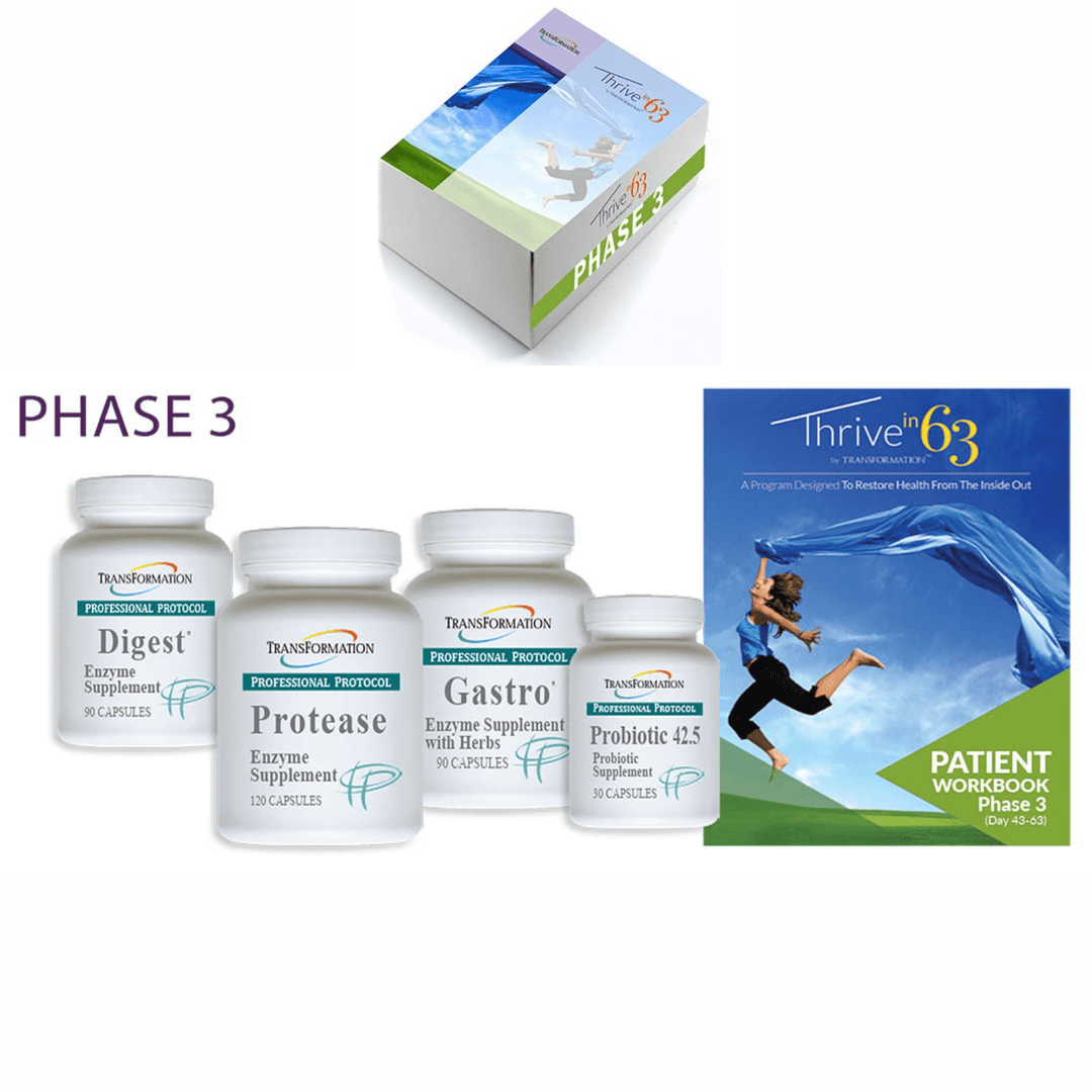 Transformation Enzymes Thrive 63 Phase 3 Kit for digestive health with probiotics and enzymes, supporting gut wellness.