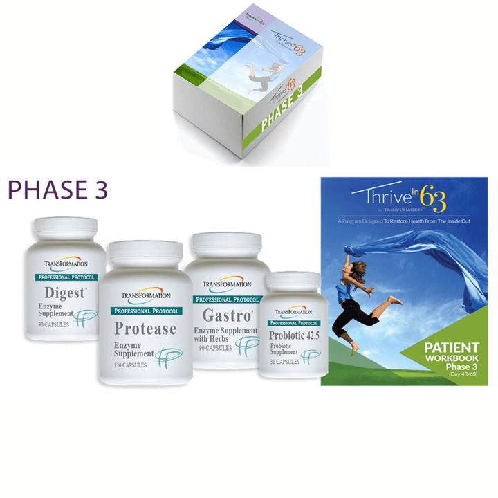 Transformation Enzymes Thrive 63 Phase 3 Kit for digestive health with probiotics and enzymes, supporting gut wellness.
