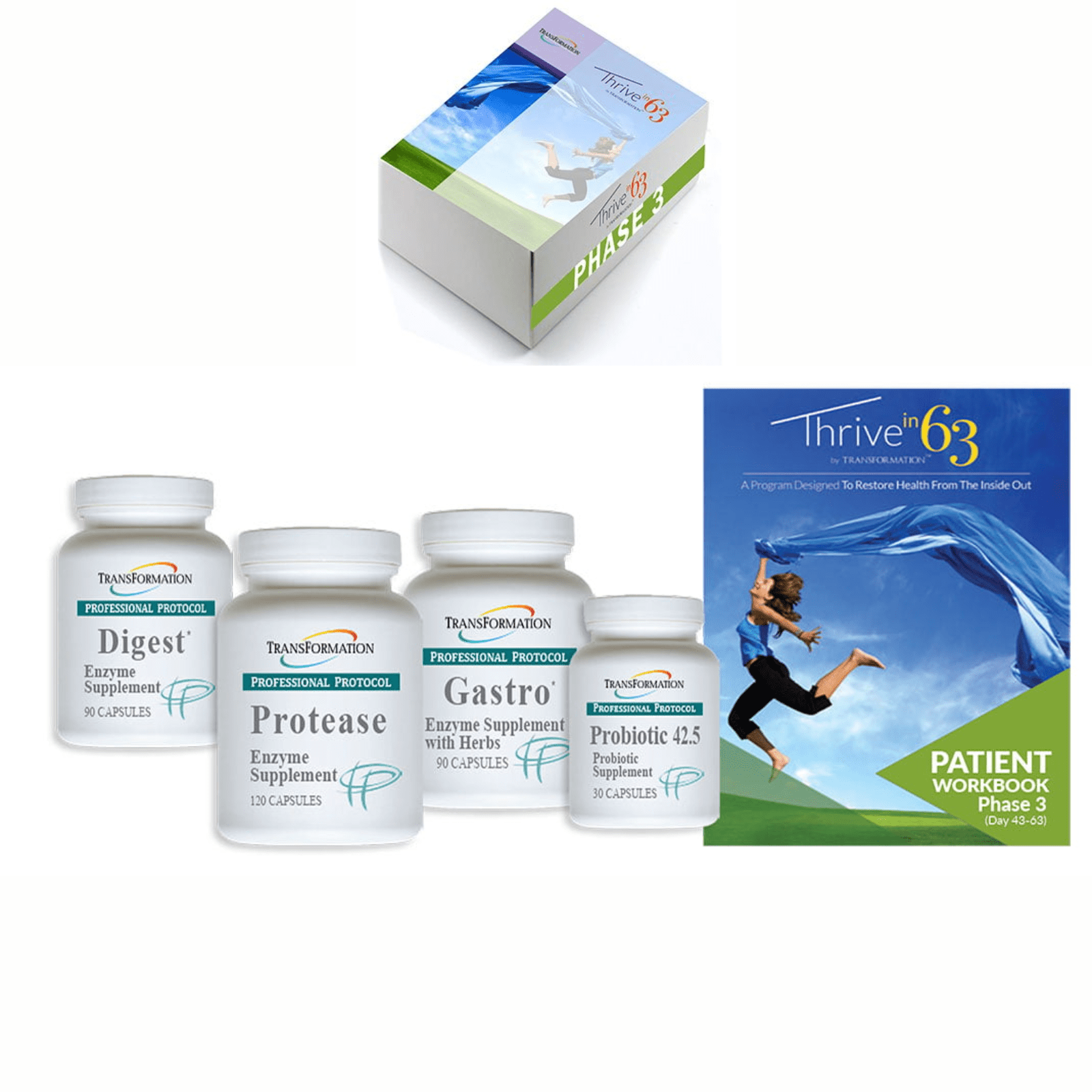 Transformation Enzymes Thrive 63 Phase 3 Kit for digestive health support, featuring probiotics and enzyme blend in supplement pack.