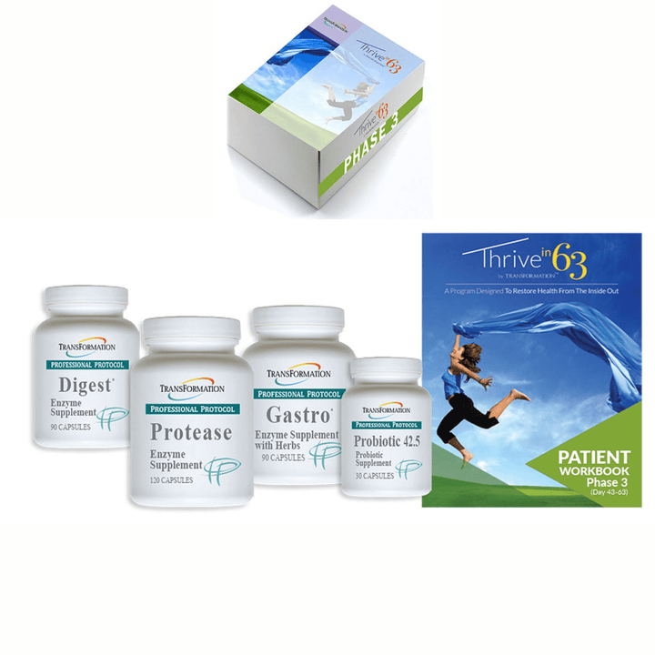 Transformation Enzymes Thrive 63 Phase 3 Kit for digestive health support, featuring probiotics and enzyme blend in supplement pack.