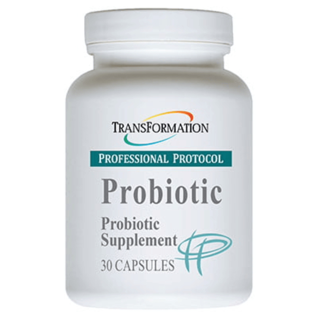 Transformation Enzymes Digestive Health Support bottle with 90 caps of protease and 30 probiotic capsules for digestive wellness.