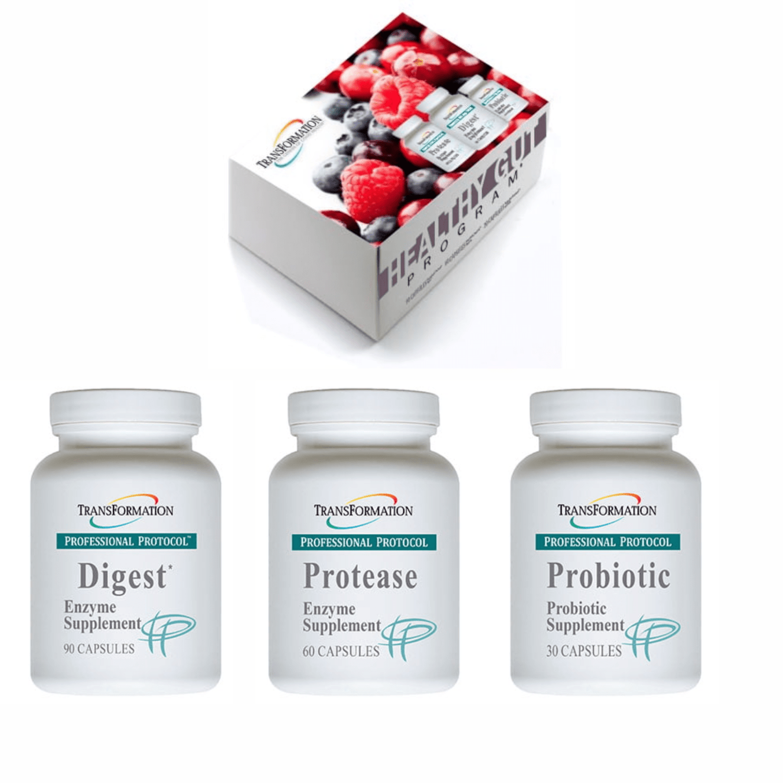 Transformation Enzymes Digestive Health Support with 90 caps of Protease and 30 caps of Probiotic for digestive wellness.